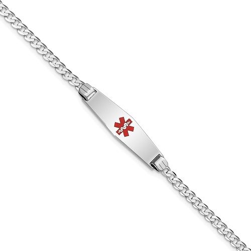 14K White Gold Medical Solid Chain Solid Plate 24x 7mm Soft Diamond Shape Centered Red Enamel Flat Curb Link ID Bracelet, 7"