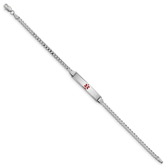 14K White Gold Medical Red Enamel Flat Curb Link ID Bracelet