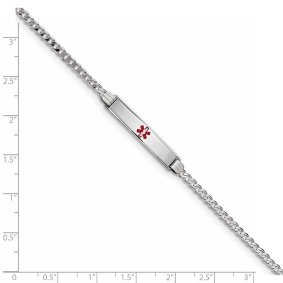 14K White Gold Medical Red Enamel Flat Curb Link ID Bracelet