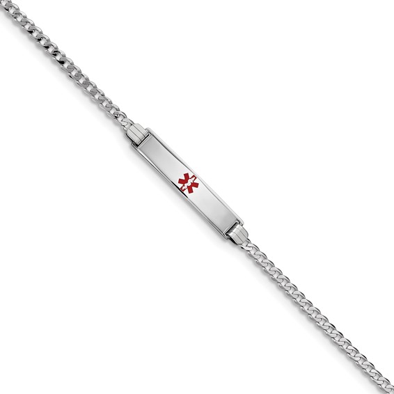14K White Gold Medical Red Enamel Flat Curb Link ID Bracelet
