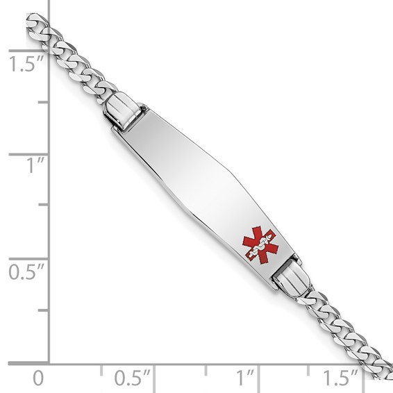 14K White Gold Medical Solid Chain/Solid Plate 26x7mm Soft Diamond Shape Off-Center Red Enamel Flat Curb Link 8 inch ID Bracelet