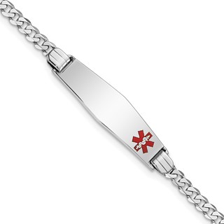 14K White Gold Medical Solid Chain/Solid Plate 26x7mm Soft Diamond Shape Off-Center Red Enamel Flat Curb Link 8 inch ID Bracelet
