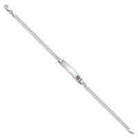 14K White Gold Medical Solid Chain Solid Plate 26x 5mm Off-Center Red Enamel Flat Curb Link ID Bracelet, 7" view 2