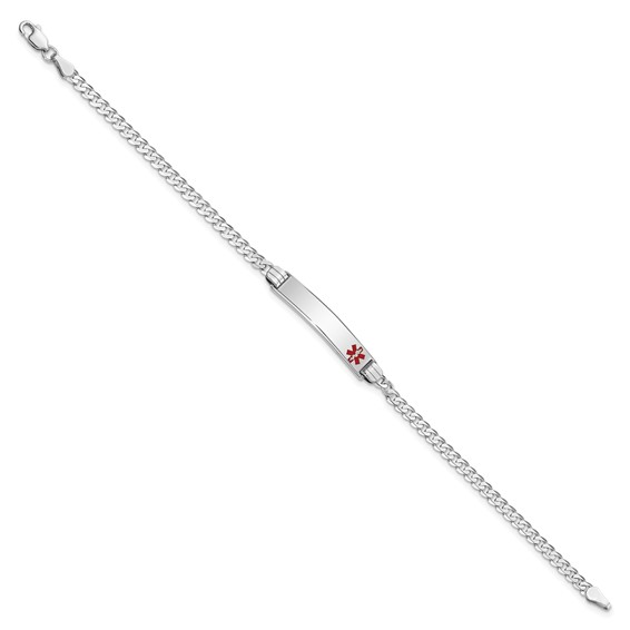 14K White Gold Medical Solid Chain/Solid Plate 26x5mm Off-Center Red Enamel Flat Curb Link 8 inch ID Bracelet