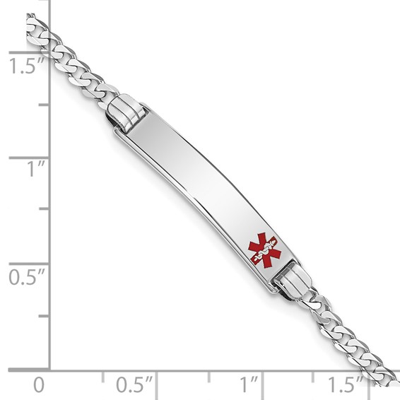 14K White Gold Medical Solid Chain/Solid Plate 26x5mm Off-Center Red Enamel Flat Curb Link 8 inch ID Bracelet