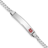 14K White Gold Medical Solid Chain Solid Plate 26x 5mm Off-Center Red Enamel Flat Curb Link ID Bracelet, 7" view 1