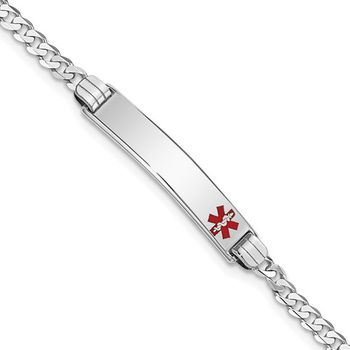 14K White Gold Medical Solid Chain Solid Plate 26x 5mm Off-Center Red Enamel Flat Curb Link ID Bracelet, 7"