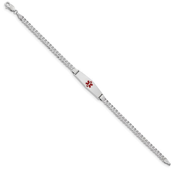 14K WG Medical Soft Diamond Shape Red Enamel Flat Curb Link ID Bracelet