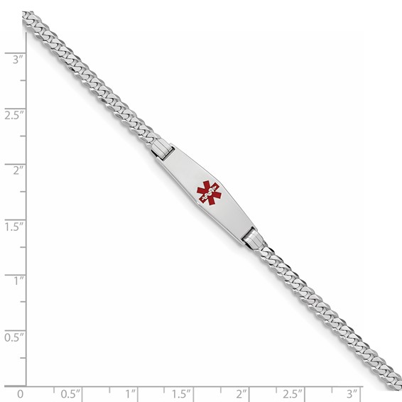 14K WG Medical Soft Diamond Shape Red Enamel Flat Curb Link ID Bracelet