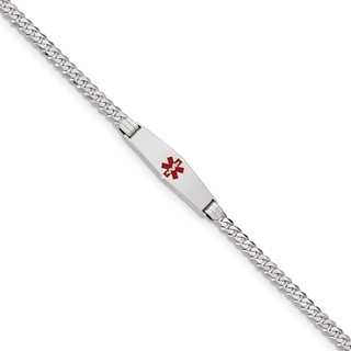 14K WG Medical Soft Diamond Shape Red Enamel Flat Curb Link ID Bracelet