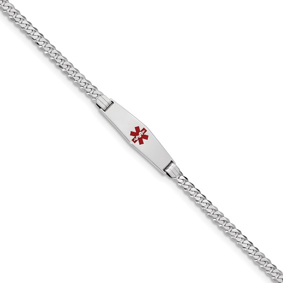 14K WG Medical Soft Diamond Shape Red Enamel Flat Curb Link ID Bracelet