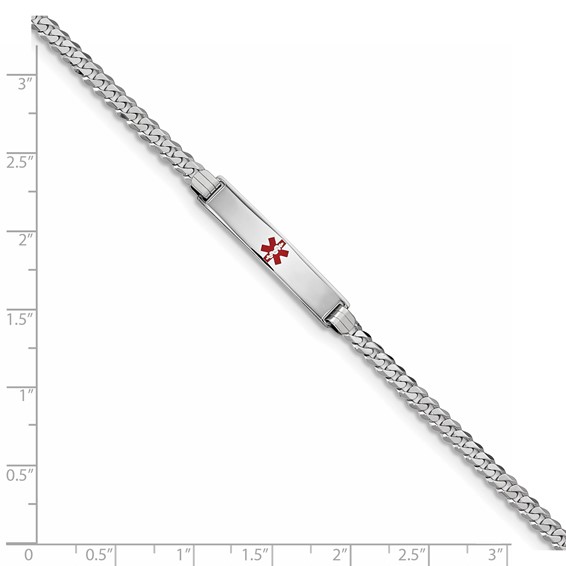 14K White Gold Medical Red Enamel Flat Curb Link ID Bracelet
