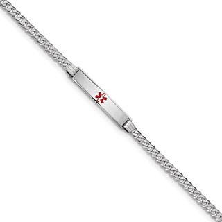 14K White Gold Medical Red Enamel Flat Curb Link ID Bracelet