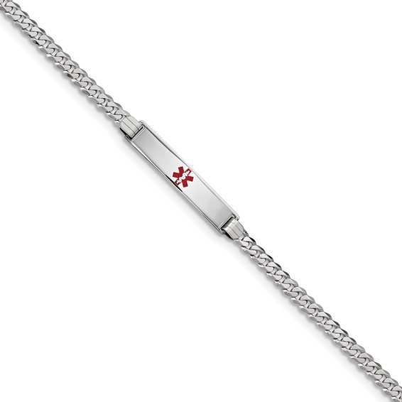 14K White Gold Medical Red Enamel Flat Curb Link ID Bracelet