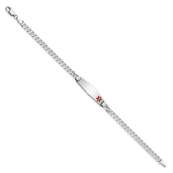 14K White Gold Medical Solid Chain/Solid Plate 26x7mm Soft Diamond Shape Off-Center Red Enamel Flat Curb Link 8 inch ID Bracelet