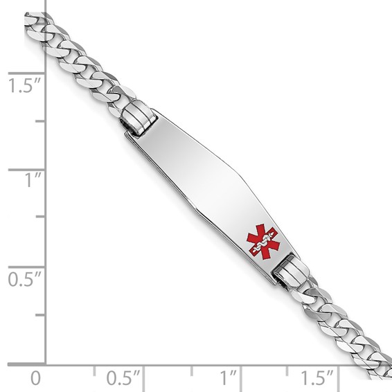14K White Gold Medical Solid Chain/Solid Plate 26x7mm Soft Diamond Shape Off-Center Red Enamel Flat Curb Link 8 inch ID Bracelet