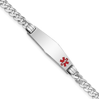 14K White Gold Medical Solid Chain/Solid Plate 26x7mm Soft Diamond Shape Off-Center Red Enamel Flat Curb Link 8 inch ID Bracelet