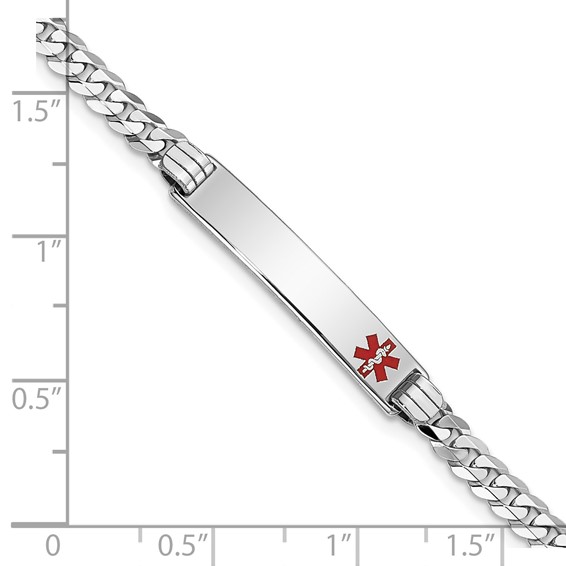 14K White Gold Medical Solid Chain/Solid Plate 26x5mm Off-Center Red Enamel Flat Curb Link 7 inch ID Bracelet