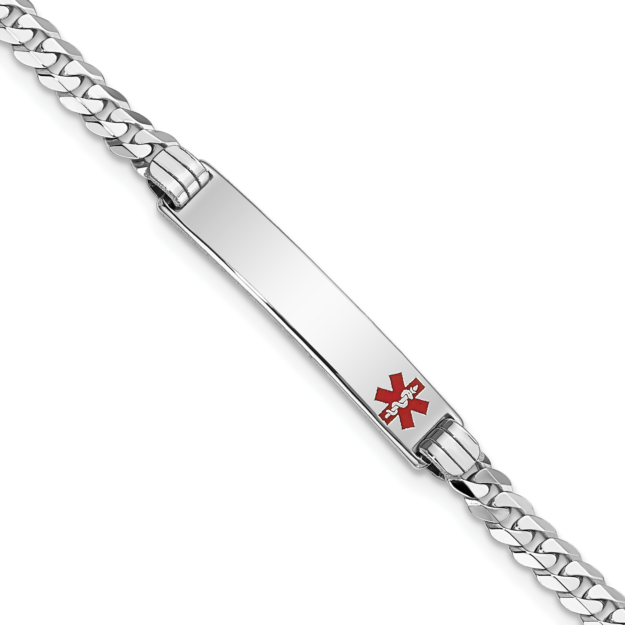 14K White Gold Medical Solid Chain/Solid Plate 26x5mm Off-Center Red Enamel Flat Curb Link 8 inch ID Bracelet (XM587FRW-8)