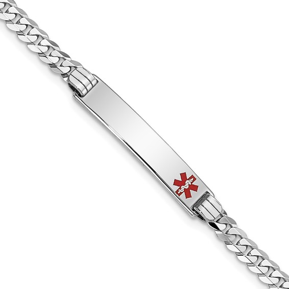 14K White Gold Medical Solid Chain/Solid Plate 26x5mm Off-Center Red Enamel Flat Curb Link 7 inch ID Bracelet