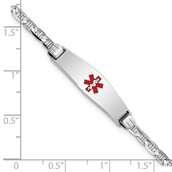 14K White Gold Medical Solid Chain/Solid Plate 24x7mm Soft Diamond Shape Centered Red Enamel Anchor Link 7 inch ID Bracelet