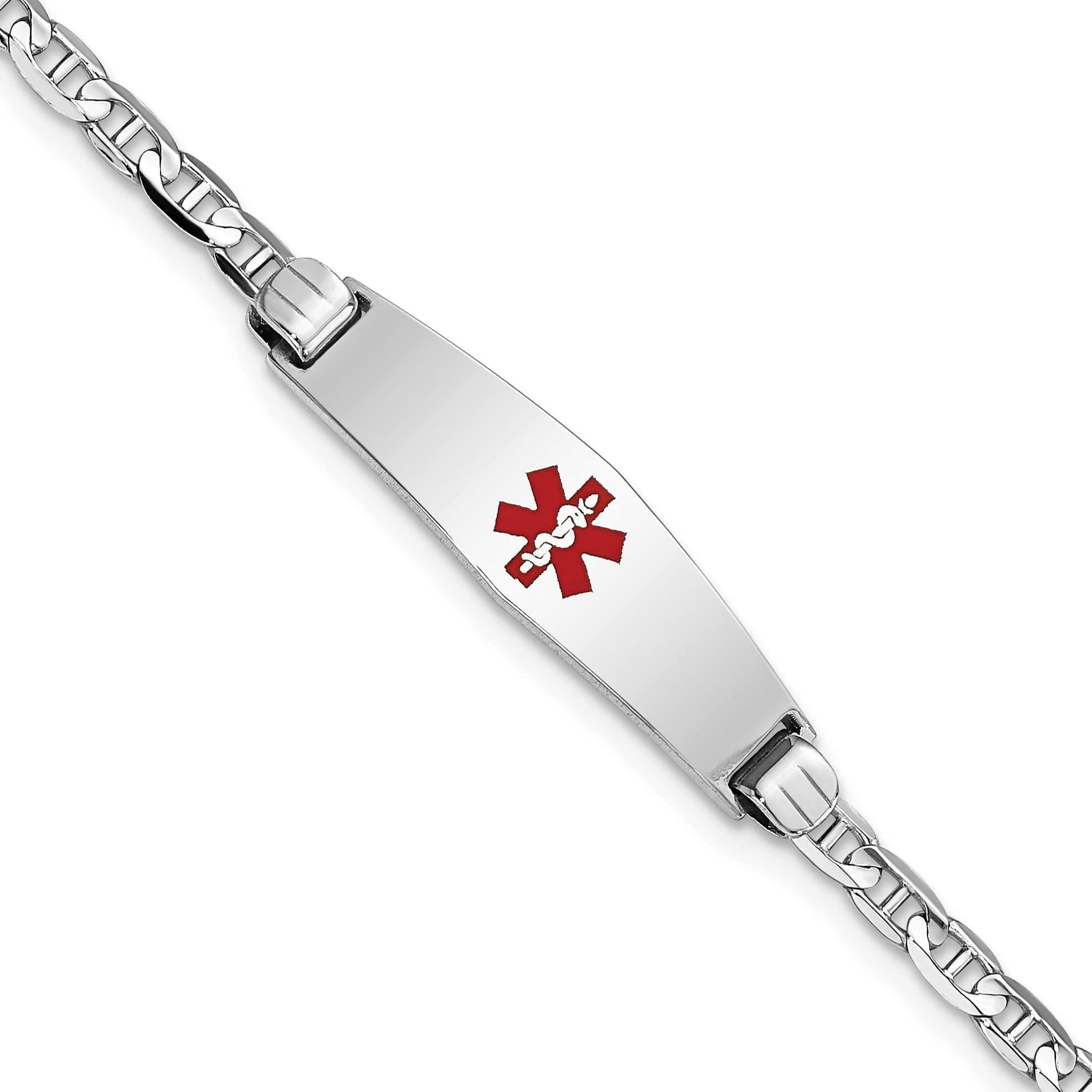 14K White Gold Medical Solid Chain/Solid Plate 24x7mm Soft Diamond Shape Centered Red Enamel Anchor Link 8 inch ID Bracelet (XM588CCW-8)
