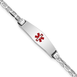 14K White Gold Medical Solid Chain/Solid Plate 24x7mm Soft Diamond Shape Centered Red Enamel Anchor Link 7 inch ID Bracelet