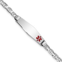 14K White Gold Medical Solid Chain Solid Plate 26x 7mm Soft Diamond Shape Off-Center Red Enamel Anchor Link ID Bracelet, 7" view 1