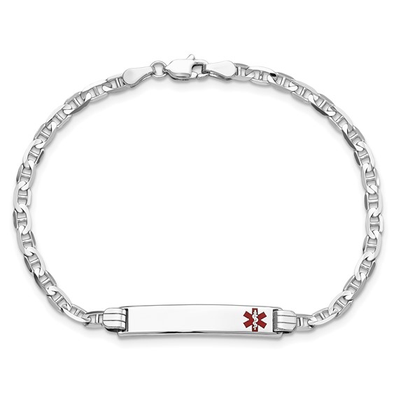 14K White Gold Medical Solid Chain/Solid Plate 26x5mm Off-Center Red Enamel Anchor Link 7 inch ID Bracelet