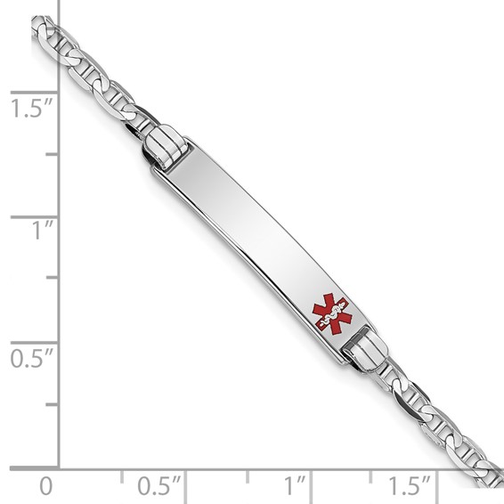 14K White Gold Medical Solid Chain/Solid Plate 26x5mm Off-Center Red Enamel Anchor Link 7 inch ID Bracelet