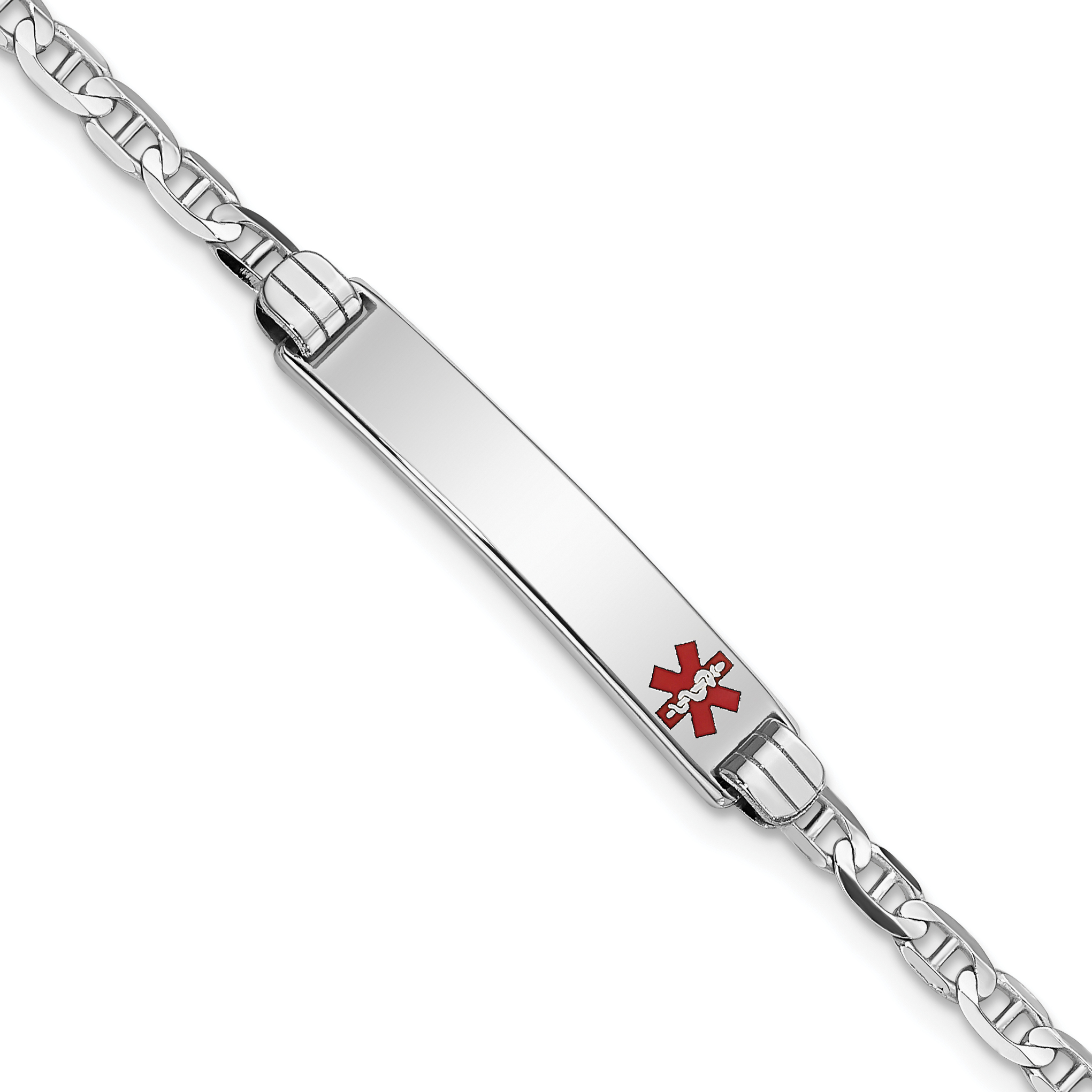 14K White Gold Medical Solid Chain/Solid Plate 26x5mm Off-Center Red Enamel Anchor Link 8 inch ID Bracelet (XM588FRW-8)