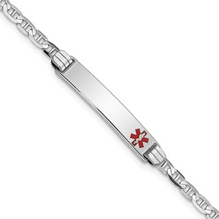 14K White Gold Medical Solid Chain/Solid Plate 26x5mm Off-Center Red Enamel Anchor Link 8 inch ID Bracelet