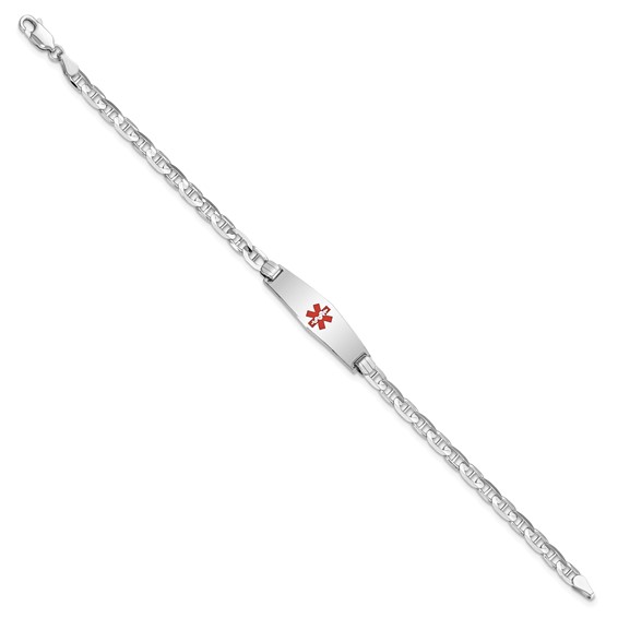 14K White Gold Medical Solid Chain/Solid Plate 24x7mm Soft Diamond Shape Centered Red Enamel Anchor Link 8 inch ID Bracelet