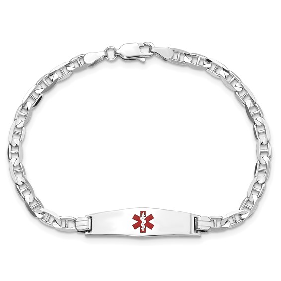 14K White Gold Medical Solid Chain/Solid Plate 24x7mm Soft Diamond Shape Centered Red Enamel Anchor Link 8 inch ID Bracelet