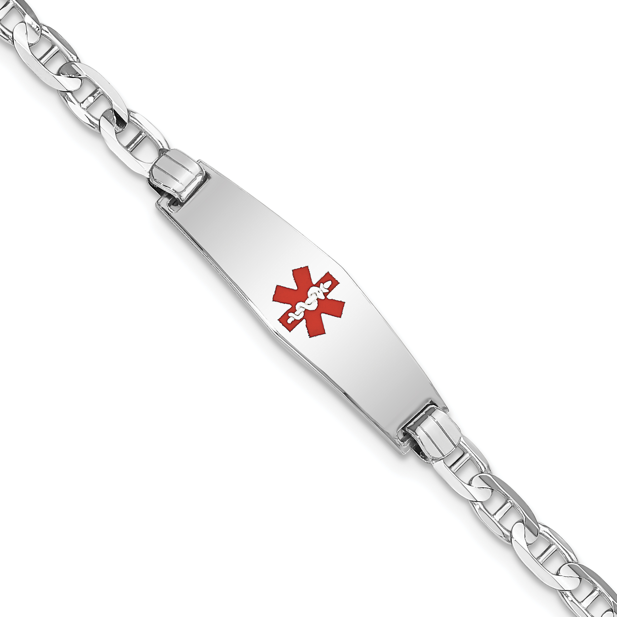 14K White Gold Medical Solid Chain/Solid Plate 24x7mm Soft Diamond Shape Centered Red Enamel Anchor Link 7 inch ID Bracelet (XM589CCW-7)