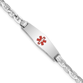 14K White Gold Medical Solid Chain/Solid Plate 24x7mm Soft Diamond Shape Centered Red Enamel Anchor Link 8 inch ID Bracelet