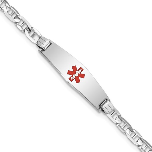14K White Gold Medical Solid Chain/Solid Plate 24x7mm Soft Diamond Shape Centered Red Enamel Anchor Link 7 inch ID Bracelet