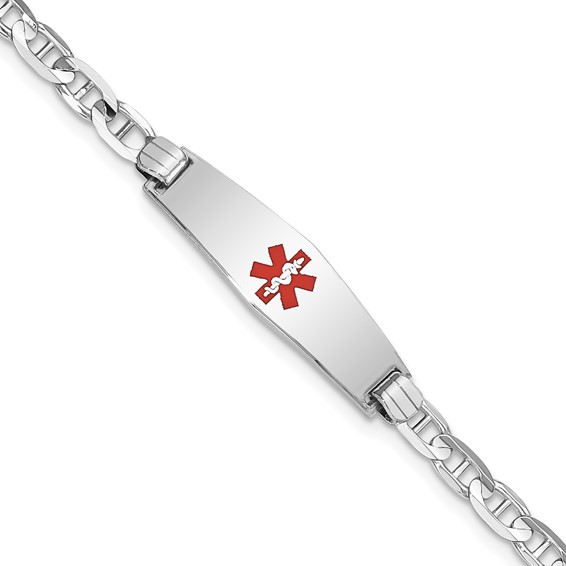 14K White Gold Medical Solid Chain/Solid Plate 24x7mm Soft Diamond Shape Centered Red Enamel Anchor Link 8 inch ID Bracelet