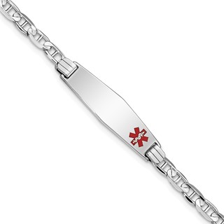 14K White Gold Medical Solid Chain/Solid Plate 26x7mm Soft Diamond Shape Off-Center Red Enamel Anchor Link 7 inch ID Bracelet