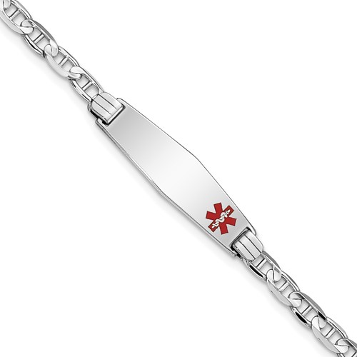 14K White Gold Medical Solid Chain Solid Plate 26x 7mm Soft Diamond Shape Off-Center Red Enamel Anchor Link ID Bracelet, 7"