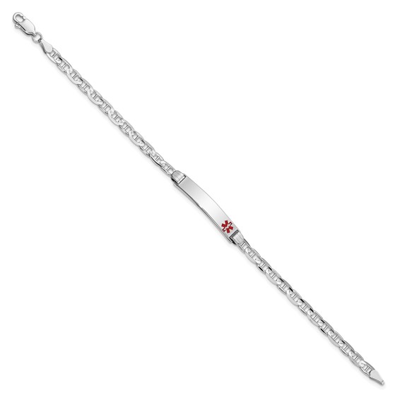 14K White Gold Medical Solid Chain/Solid Plate 26x5mm Off-Center Red Enamel Anchor Link 8 inch ID Bracelet