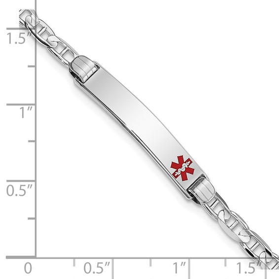 14K White Gold Medical Solid Chain/Solid Plate 26x5mm Off-Center Red Enamel Anchor Link 8 inch ID Bracelet