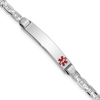 14K White Gold Medical Solid Chain/Solid Plate 26x5mm Off-Center Red Enamel Anchor Link 8 inch ID Bracelet
