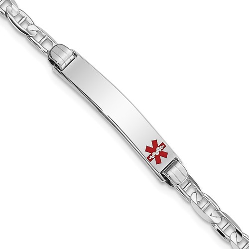 14K White Gold Medical Solid Chain/Solid Plate 26x5mm Off-Center Red Enamel Anchor Link 8 inch ID Bracelet