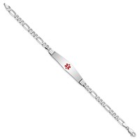 14K White Gold Medical Solid Chain Solid Plate Soft Diamond Shape 36x9mm Centered Red Enamel Figaro Link ID Bracelet - 7in view 2
