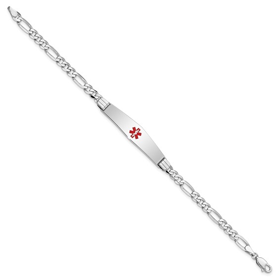 14K White Gold Medical Solid Chain/Solid Plate Soft Diamond Shape 36x9mm Centered Red Enamel Figaro Link 7 inch ID Bracelet