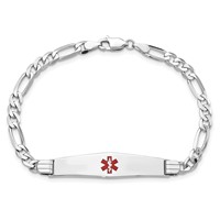 14K White Gold Medical Solid Chain Solid Plate Soft Diamond Shape 36x9mm Centered Red Enamel Figaro Link ID Bracelet - 7in view 4