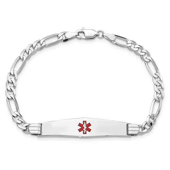 14K White Gold Medical Solid Chain/Solid Plate Soft Diamond Shape 36x9mm Centered Red Enamel Figaro Link 7 inch ID Bracelet