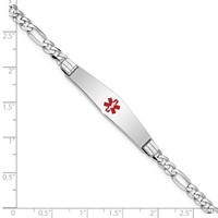 14K White Gold Medical Solid Chain Solid Plate Soft Diamond Shape 36x9mm Centered Red Enamel Figaro Link ID Bracelet - 7in view 3