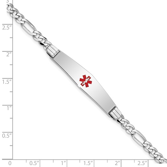 14K White Gold Medical Solid Chain/Solid Plate Soft Diamond Shape 36x9mm Centered Red Enamel Figaro Link 7 inch ID Bracelet